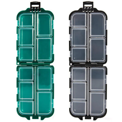 Black fishing tackle storage box with 10 internal compartments measuring 9.5x6.5x3cm
