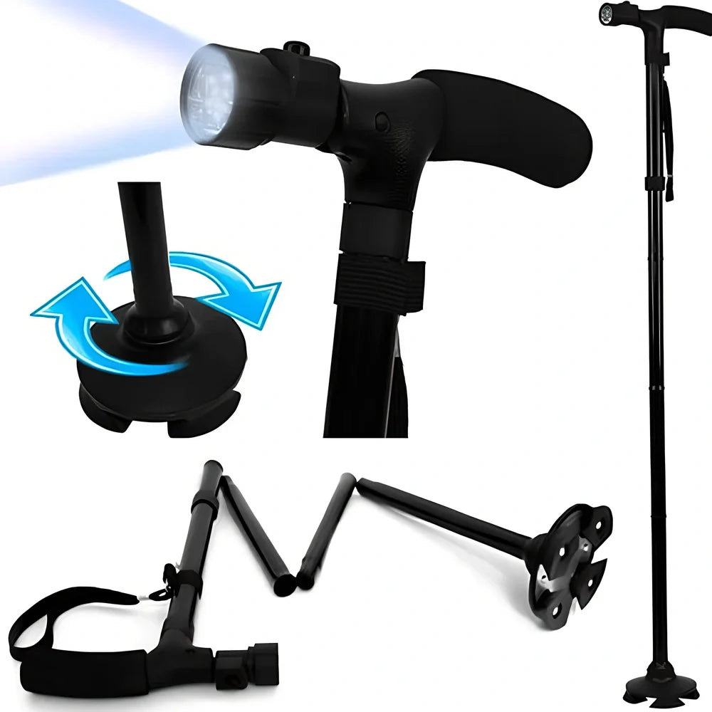 Black aluminium folding cane with LED lights and four rotatable contact points for stability