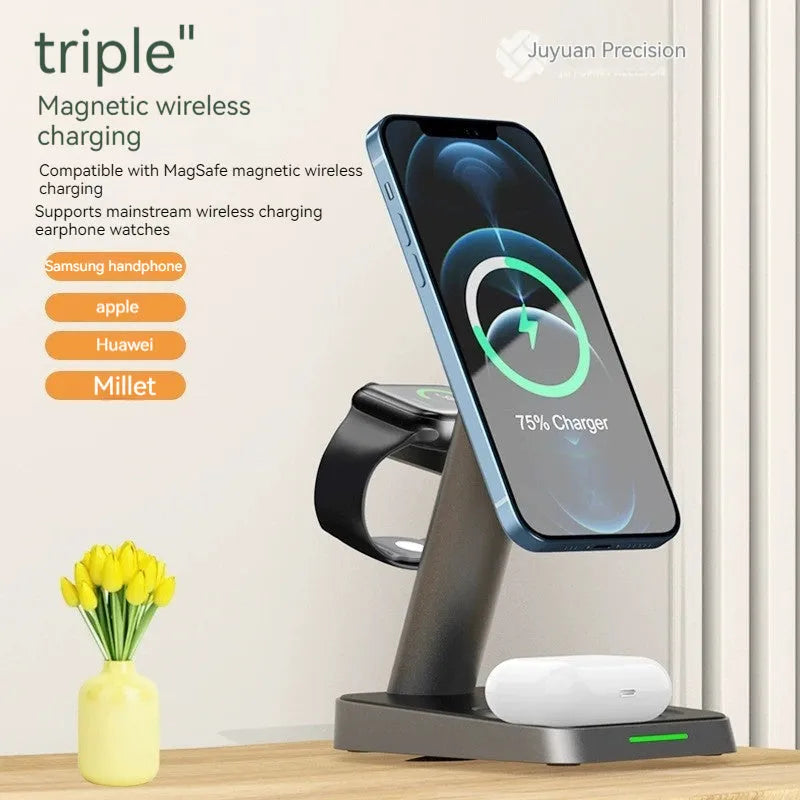 Matte black cubic 3-in-1 wireless charging station with phone, watch, and earbuds charging on top