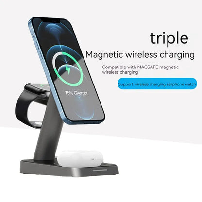 Matte black cubic 3-in-1 wireless charging station with phone, watch, and earbuds charging on top