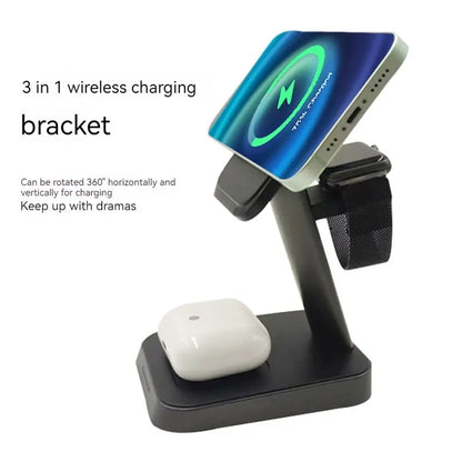 Matte black cubic 3-in-1 wireless charging station with phone, watch, and earbuds charging on top