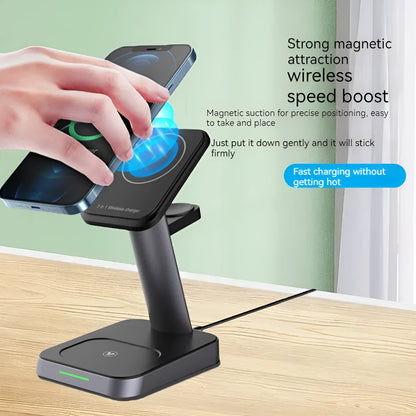 Matte black cubic 3-in-1 wireless charging station with phone, watch, and earbuds charging on top