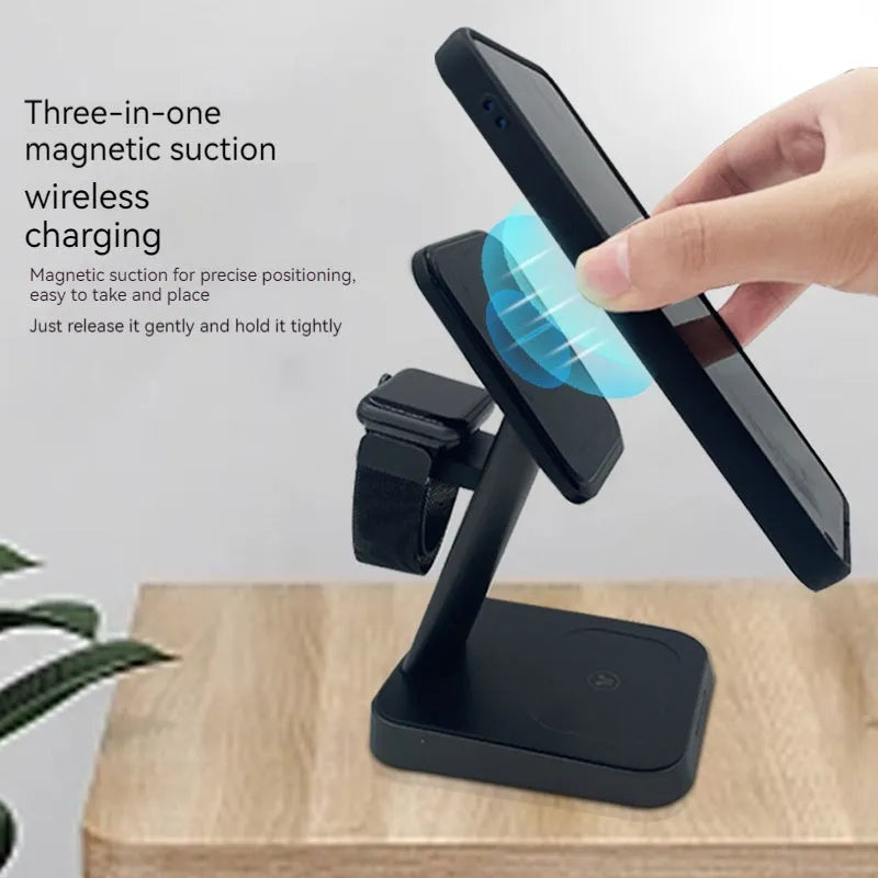 Matte black cubic 3-in-1 wireless charging station with phone, watch, and earbuds charging on top