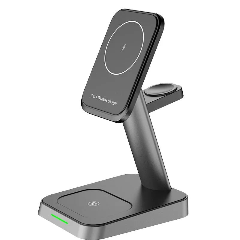 Matte black cubic 3-in-1 wireless charging station with phone, watch, and earbuds charging on top