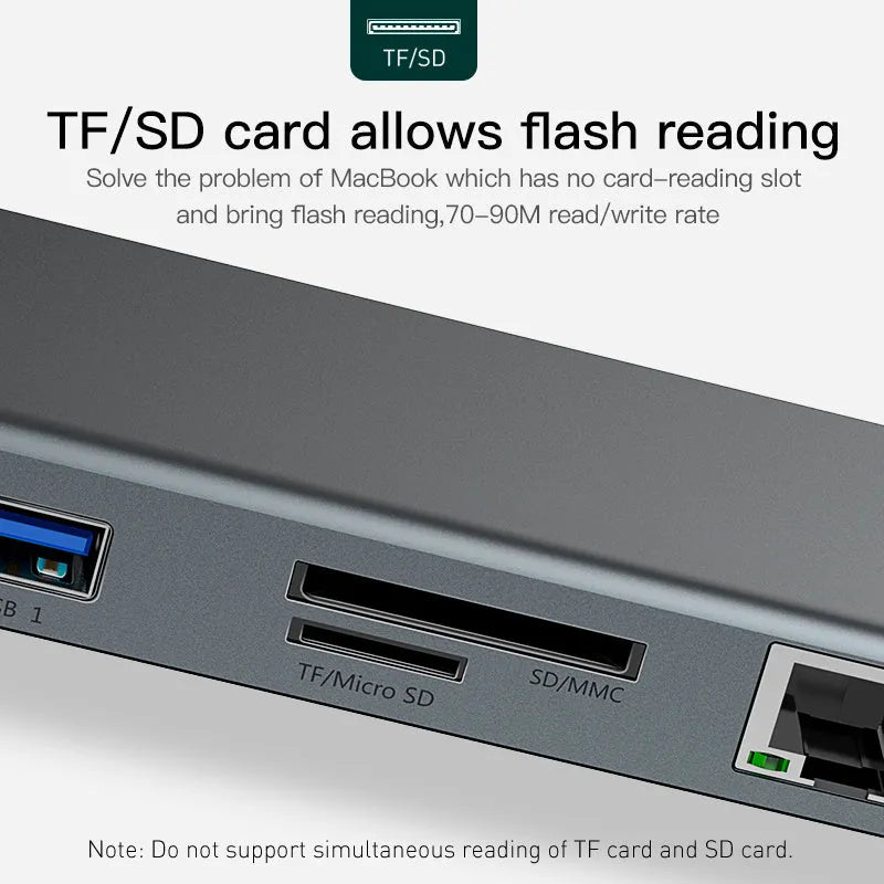Grey aluminium alloy ten-port docking station with cooling bracket showing HDMI, VGA and USB ports