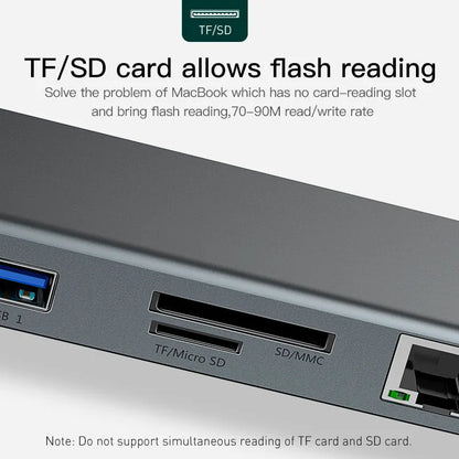 Grey aluminium alloy ten-port docking station with cooling bracket showing HDMI, VGA and USB ports