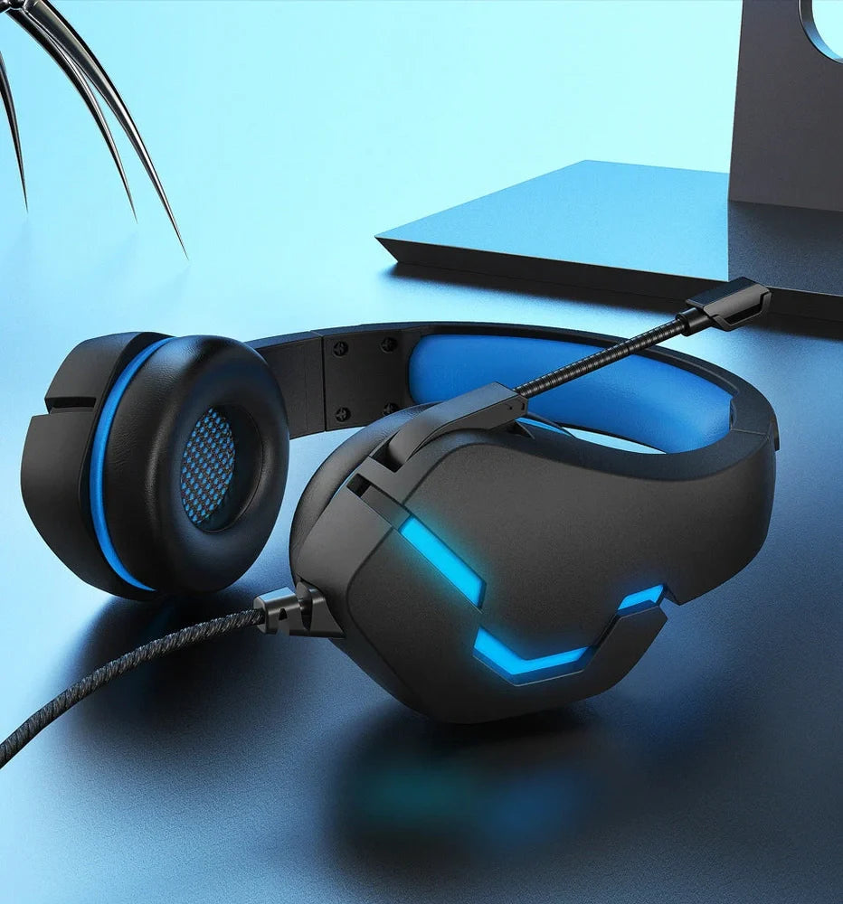 Blue J10 3.5mm wired gaming headset with LED lights, noise-canceling mic, and adjustable headband for PC use, 170x90x210mm size