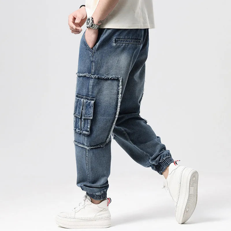 Men's loose-fit hip hop trousers with multi-pocket design in retro denim