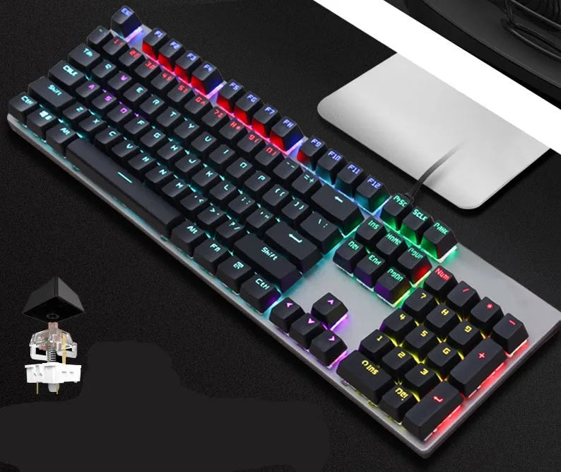 Real Mechanical Keyboard GK410 with 104 keys, metal frame, USB cable, and backlit keys for desktop computers