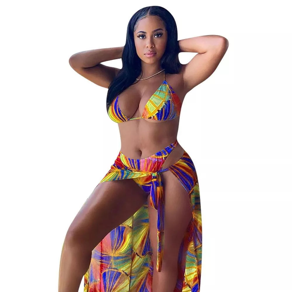 Floral print nylon bikini set in red, green, and orange options