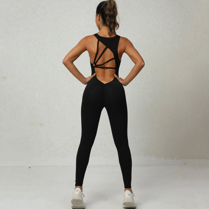 Stylish yoga jumpsuit with unique V-shaped back design, sleeveless, and stretch fabric for versatile fitness routines