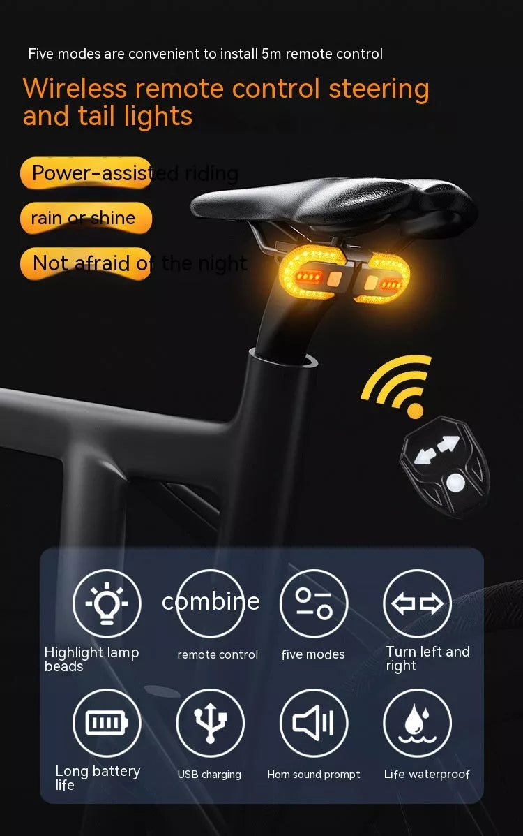 Remote control bicycle turn signal with USB charging and wireless remote for night riding safety