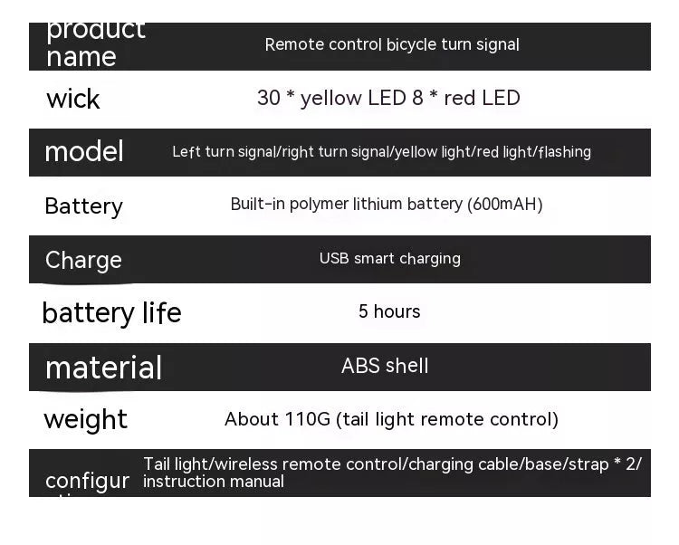 Remote control bicycle turn signal with USB charging and wireless remote for night riding safety