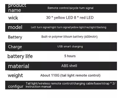 Remote control bicycle turn signal with USB charging and wireless remote for night riding safety
