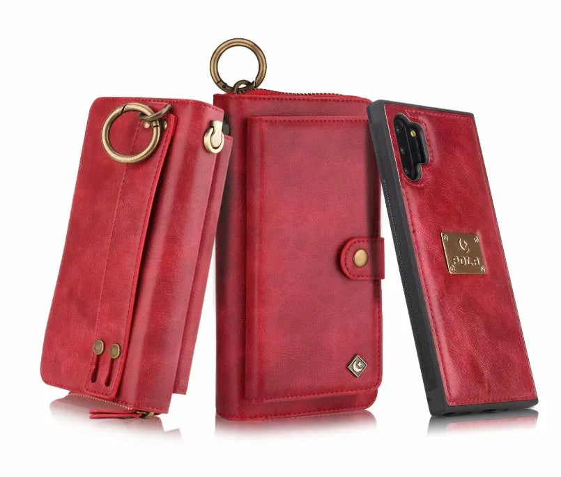 Black PU leather zipper wallet case open next to a Samsung Galaxy phone.
