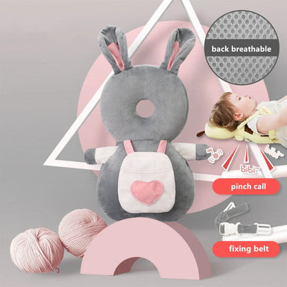 Baby wearing a head protection cushion backpack, designed for safety and comfort during play