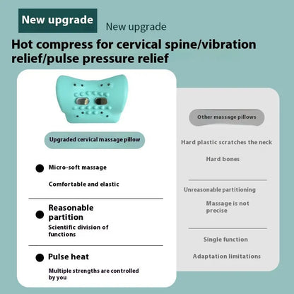 Blue-green portable cervical massage pillow with EMS pulse, hot compress and vibration functions