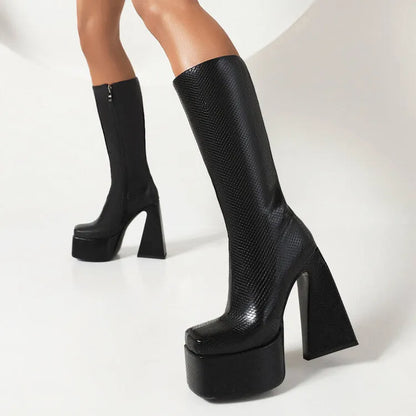 Women's high boots with artificial PU upper in black, red, blue, or white colours, sizes 34-43