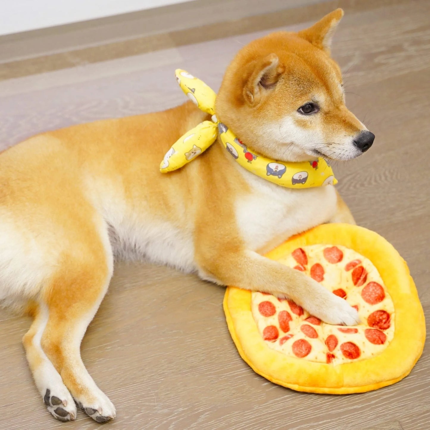 Bright yellow squeaky dog toy shaped like a pizza slice with a soft teddy fabric surface