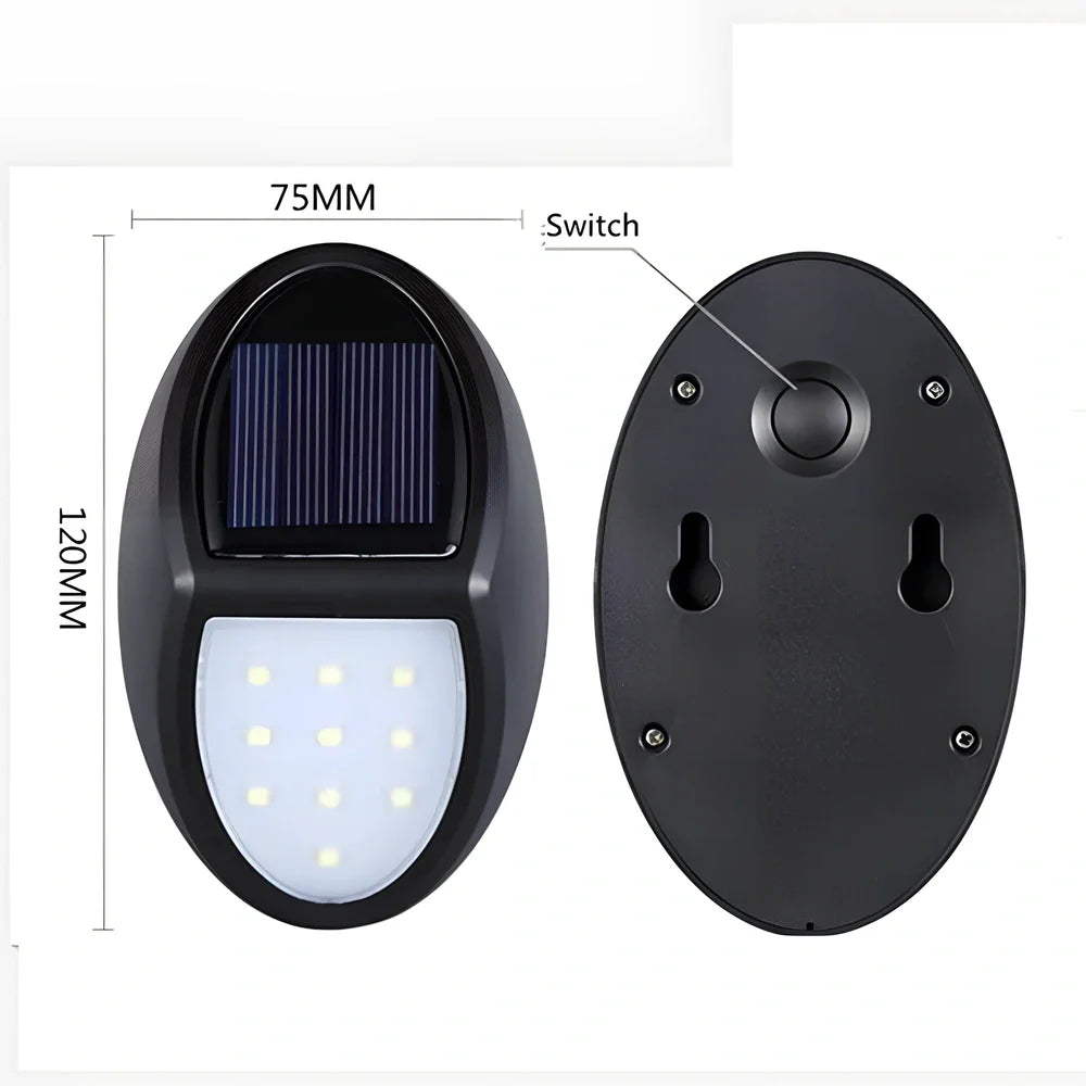 Black LED solar wall light with solar panel and 2835 lamp beads for outdoor illumination