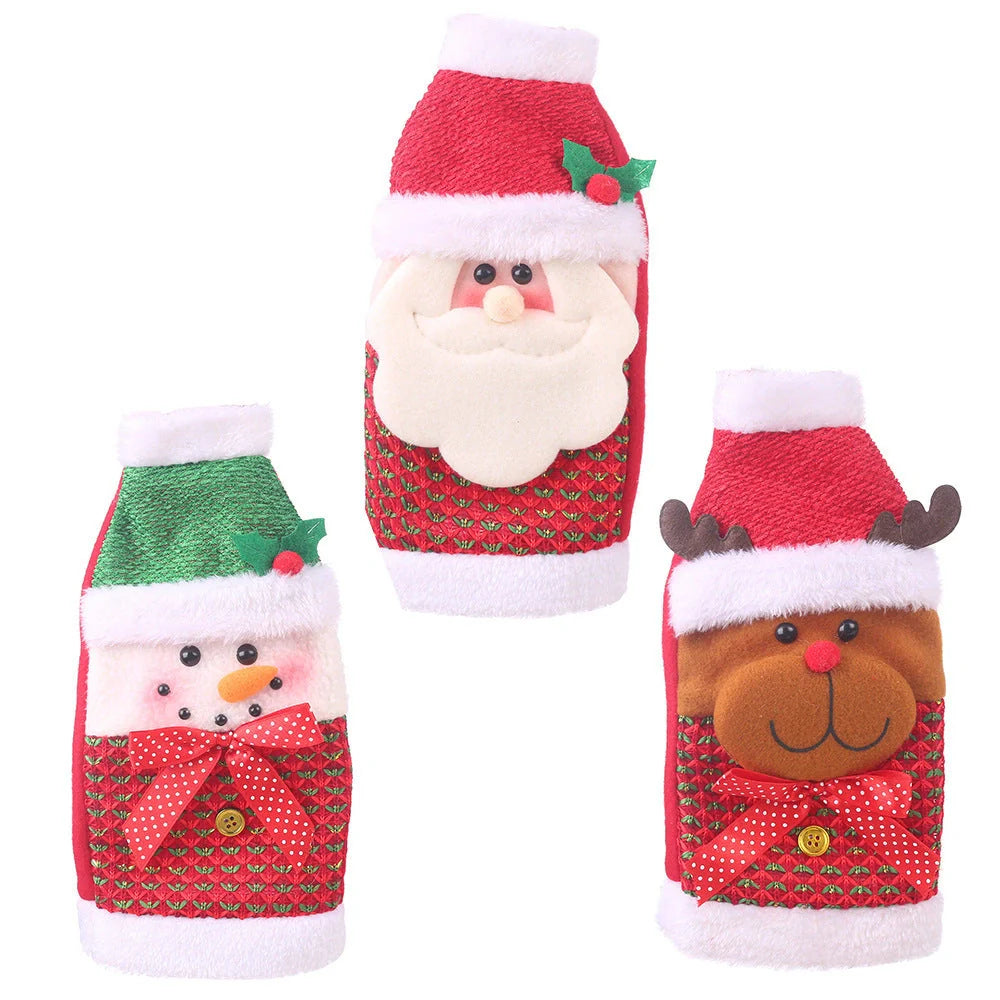 Festive Christmas wine bottle socks in vibrant colors, perfect for holiday decor
