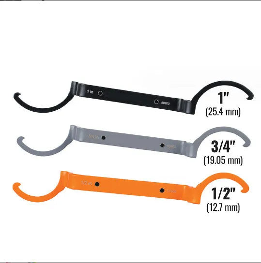 Crescent magnetic suction wrench catheter locking wrench kit three-piece set with orange, gray, and black wrenches