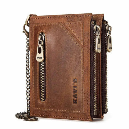 Dark brown men's leather wallet with a metal chain and an embossed letter pattern.