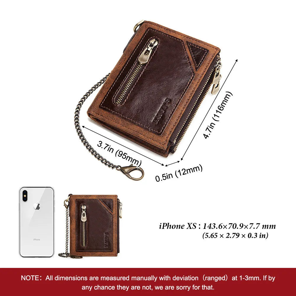 Dark brown men's leather wallet with a metal chain and an embossed letter pattern.