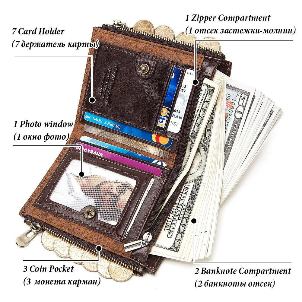 Dark brown men's leather wallet with a metal chain and an embossed letter pattern.