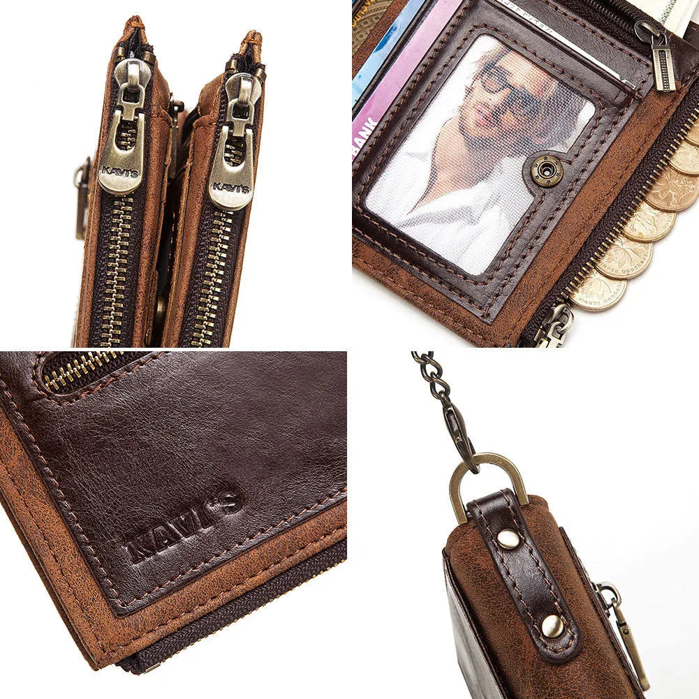 Dark brown men's leather wallet with a metal chain and an embossed letter pattern.