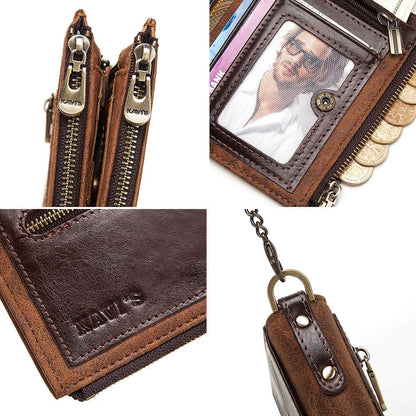 Dark brown men's leather wallet with a metal chain and an embossed letter pattern.