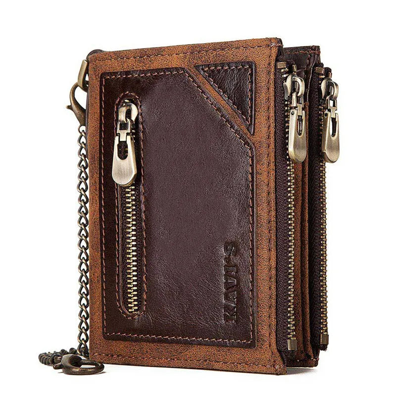 Dark brown men's leather wallet with a metal chain and an embossed letter pattern.