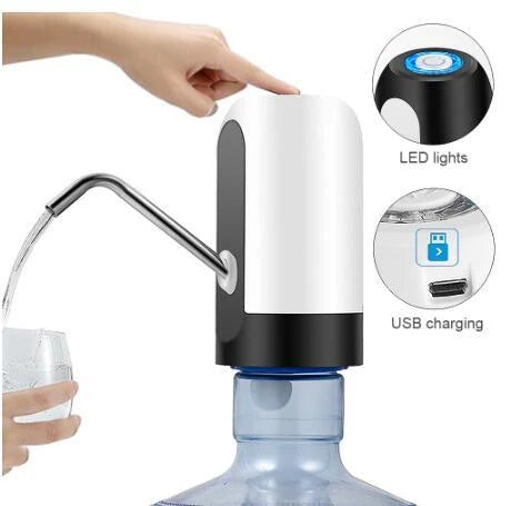 Cordless electric water bottle pump with USB charging, automatic suction, and wide bottle compatibility
