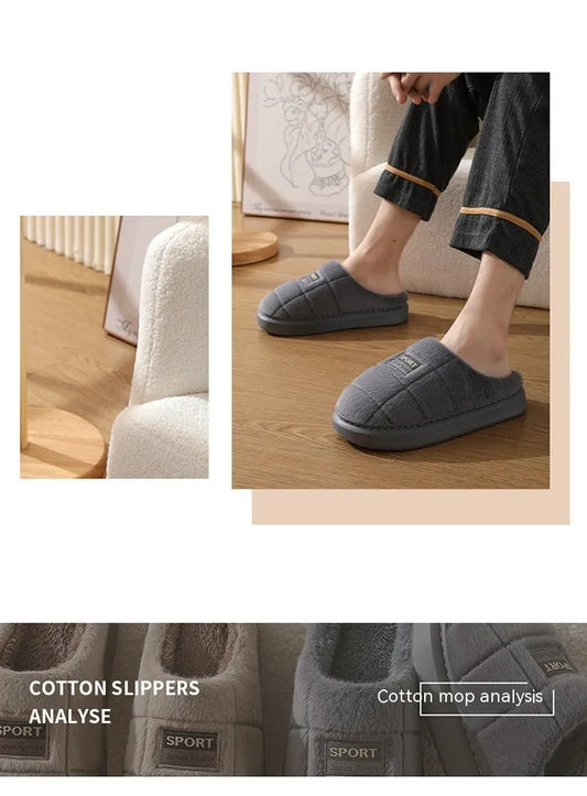 Men's grey and brown plaid slippers with rabbit hair uppers, EVA soles, and artificial wool lining