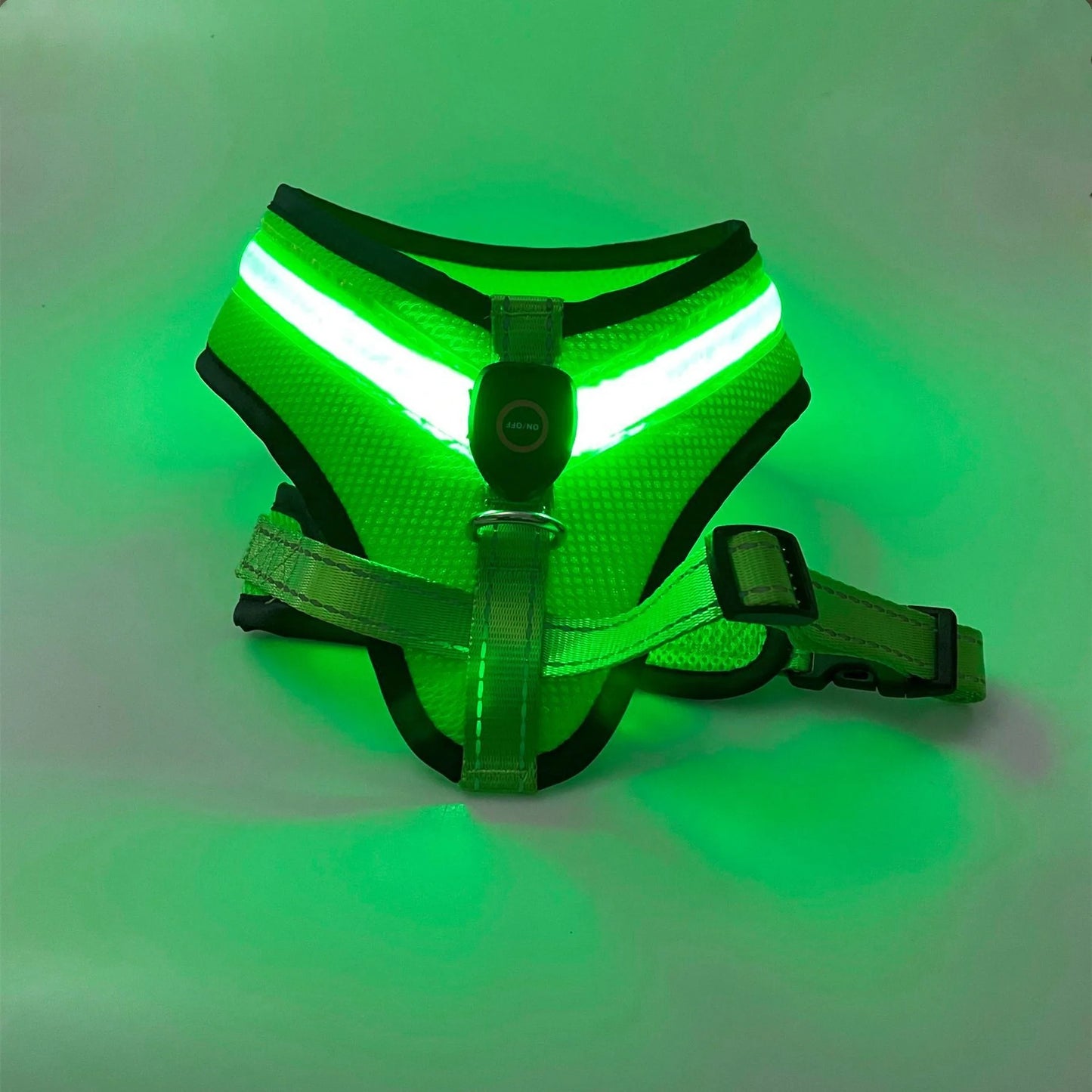 USB rechargeable LED dog harness in blue, red, or green with reflective safety features