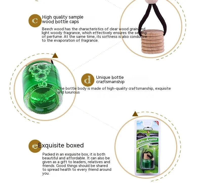 Glass bottle car air freshener hanging ornament with six scent options including lavender, lemon and apple