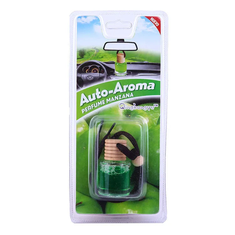 Glass bottle car air freshener hanging ornament with six scent options including lavender, lemon and apple