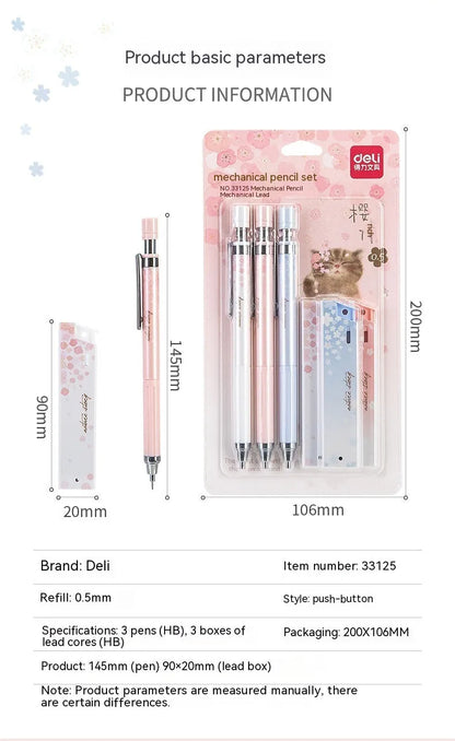 Simplified 0.5mm cartoon automatic pencil set with three pencils and refill boxes in mixed colours