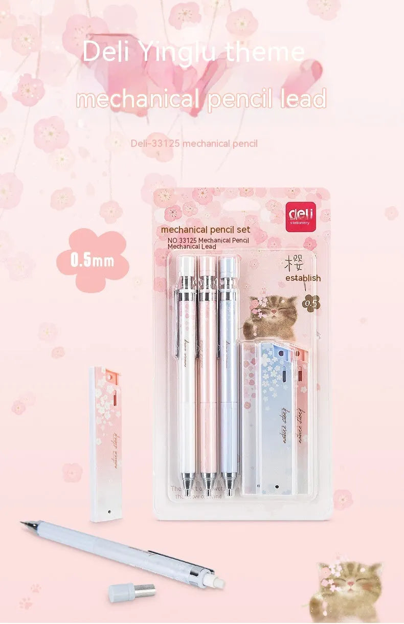 Simplified 0.5mm cartoon automatic pencil set with three pencils and refill boxes in mixed colours