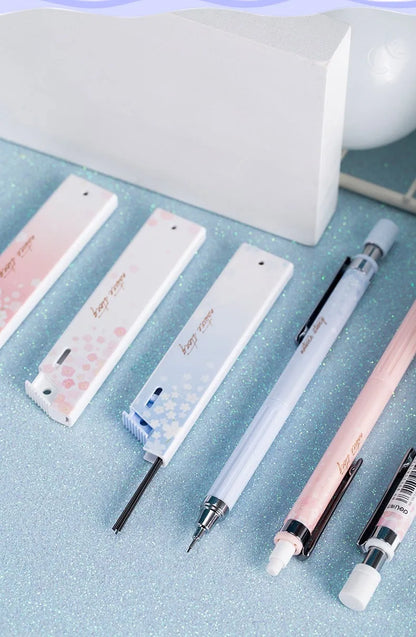 Simplified 0.5mm cartoon automatic pencil set with three pencils and refill boxes in mixed colours