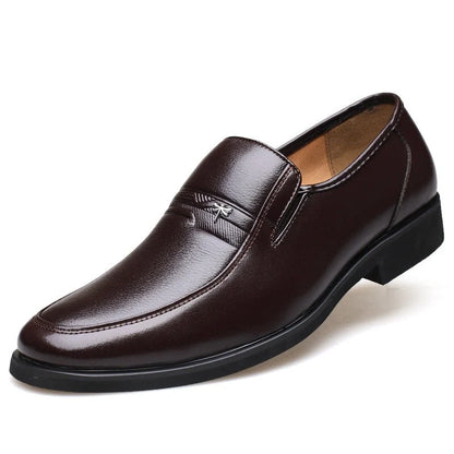 Men's leather business casual shoes with rubber sole, available in brown and black