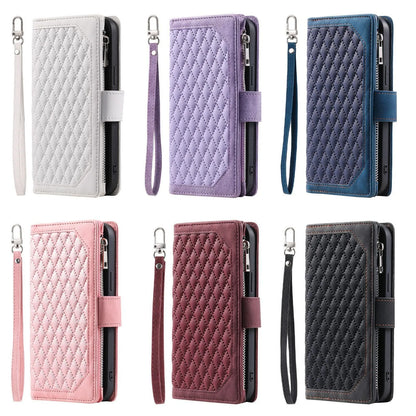 Crossbody plaid zipper phone case for Samsung in black, pink, white, or wine red, made from TPU and PU.