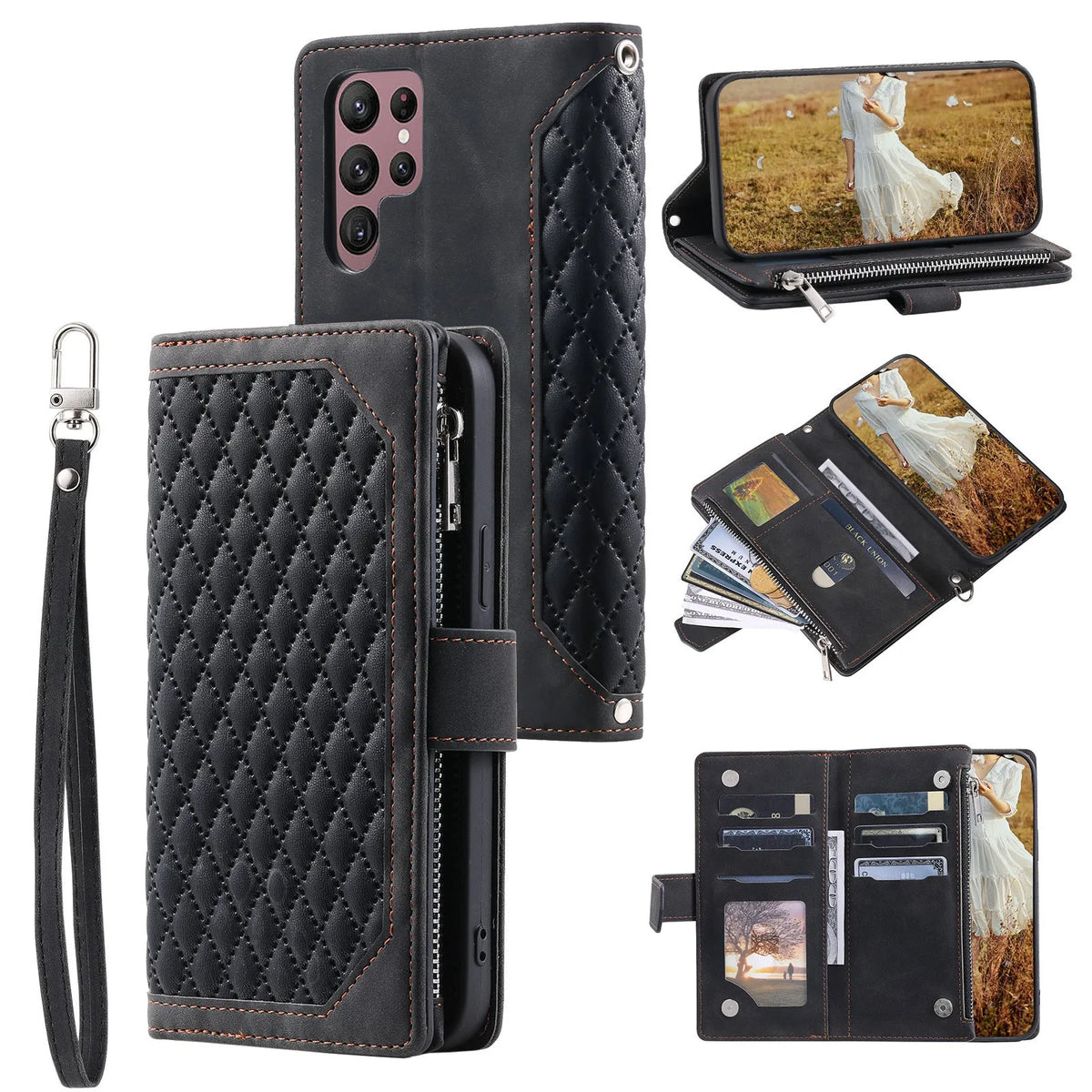 Crossbody plaid zipper phone case for Samsung in black, pink, white, or wine red, made from TPU and PU.