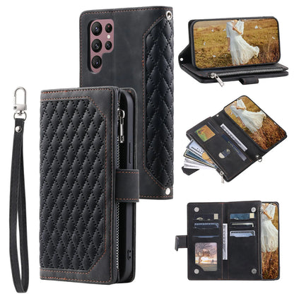 Crossbody plaid zipper phone case for Samsung in black, pink, white, or wine red, made from TPU and PU.