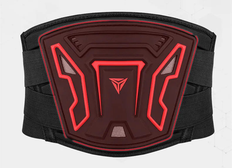 MDL1028 black and red motorcycle waist support waistband shown with adjustable sizing options.