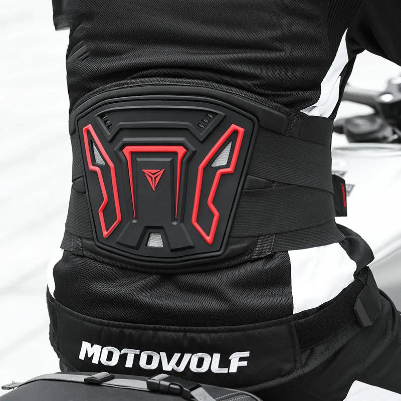 MDL1028 black and red motorcycle waist support waistband shown with adjustable sizing options.