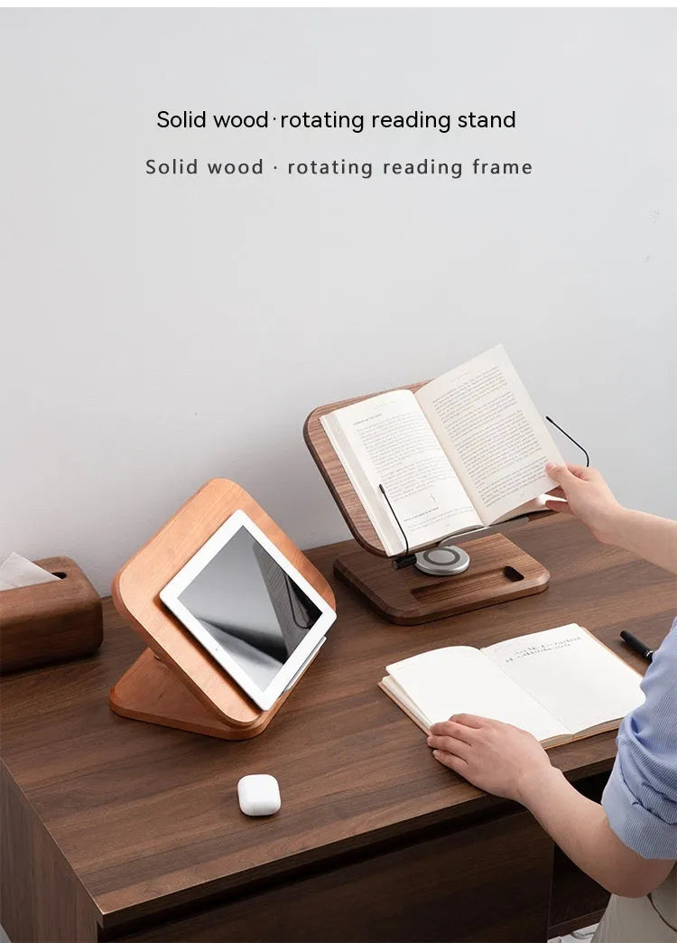 Black walnut solid wood reading rack with adjustable angle on rotating base