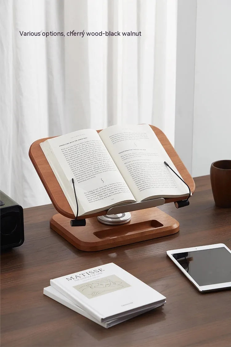 Black walnut solid wood reading rack with adjustable angle on rotating base