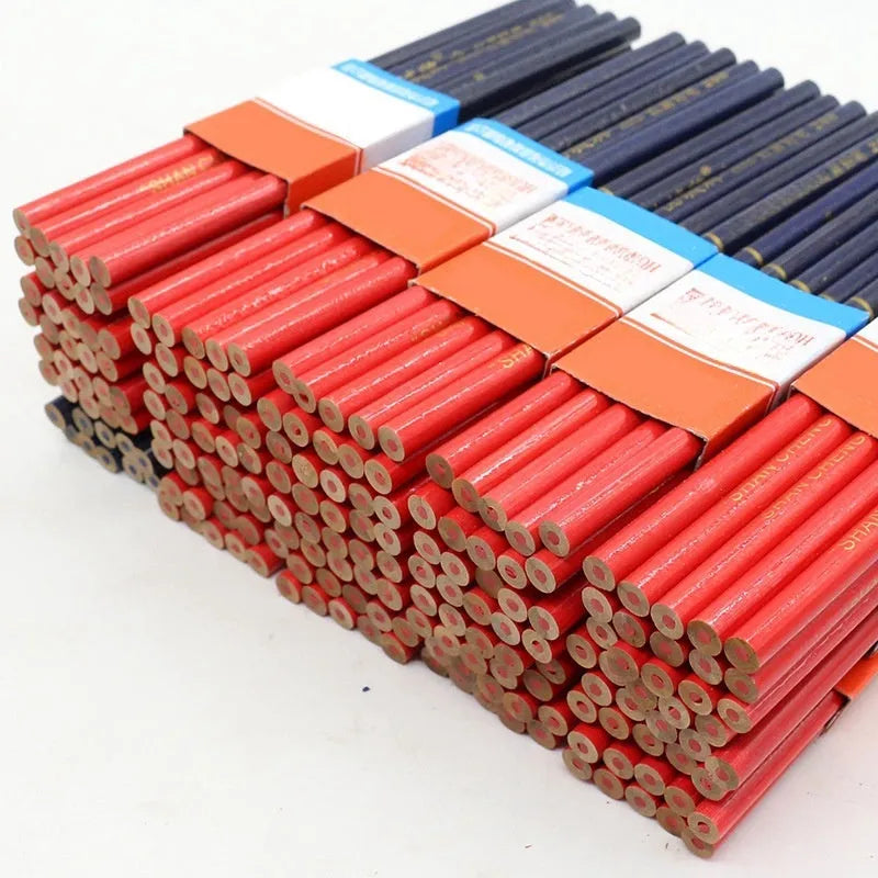 Ten red and blue two-colour wooden carpenter's pencils showing round design for marking applications