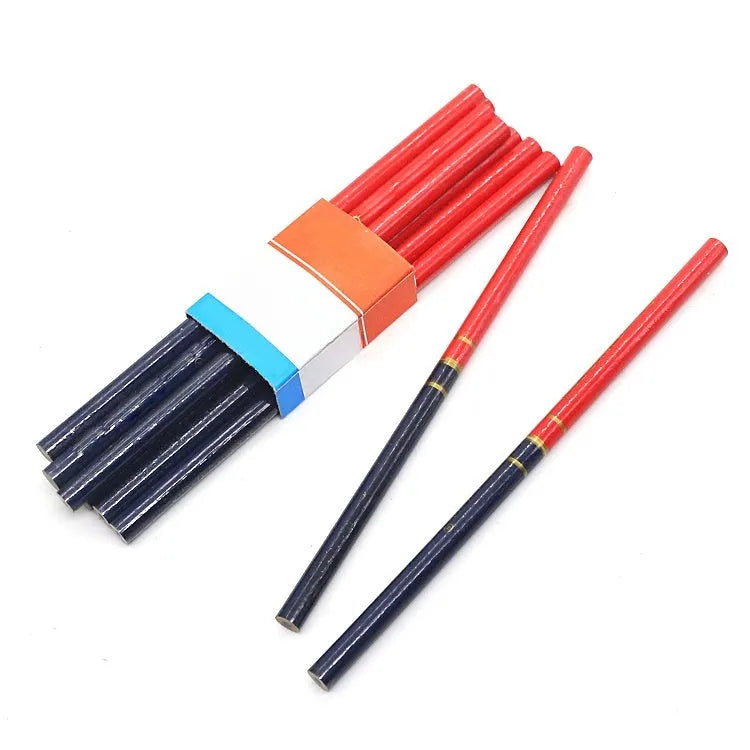 Ten red and blue two-colour wooden carpenter's pencils showing round design for marking applications